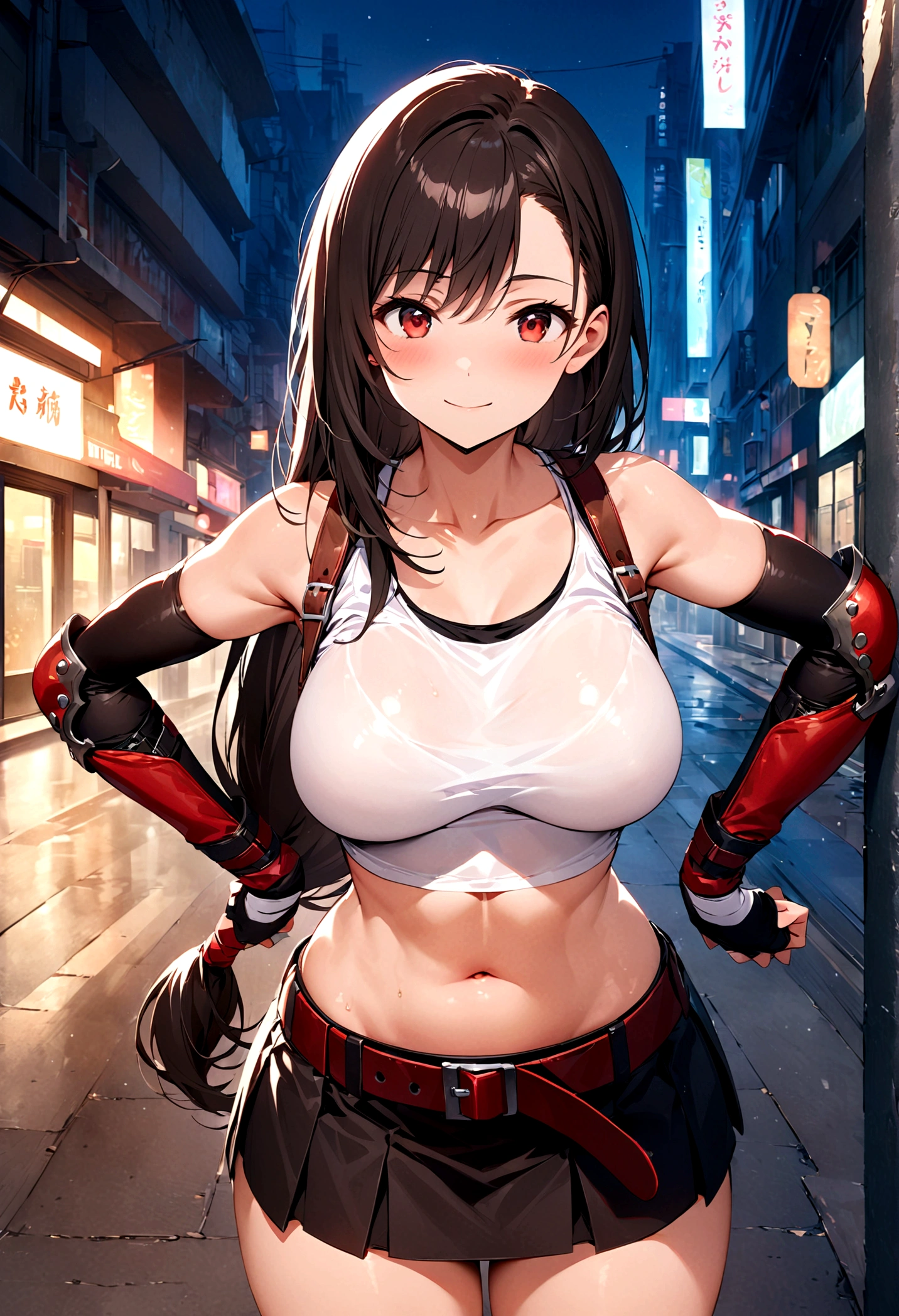 score_9, score_8_up, score_7_up,4k, ,BREAK , (from front,top angle),standing,straight-on,,(ShirtUp,),(upperbody),looking_at_viewer ,1girl, tifa lockhart, final fantasy, tareme,black hair, low-tied long hair, red eyes, bangs, white tank top, belt, pleated skirt, thighhighs, elbow fingerless gloves, elbow pads, midriff, navel,suspender skirt ,big_breasts,(light smile),Curvy waist ,Solo,,(daytime and beachside and city),Toned,,detailed skin,((best quality)),(aesthetic,very aesthetic),(beautifulbody),(UHD,HDR),anime,highly detailed,sharp focus,depth of field,,professional lighting,cinematic lighting,