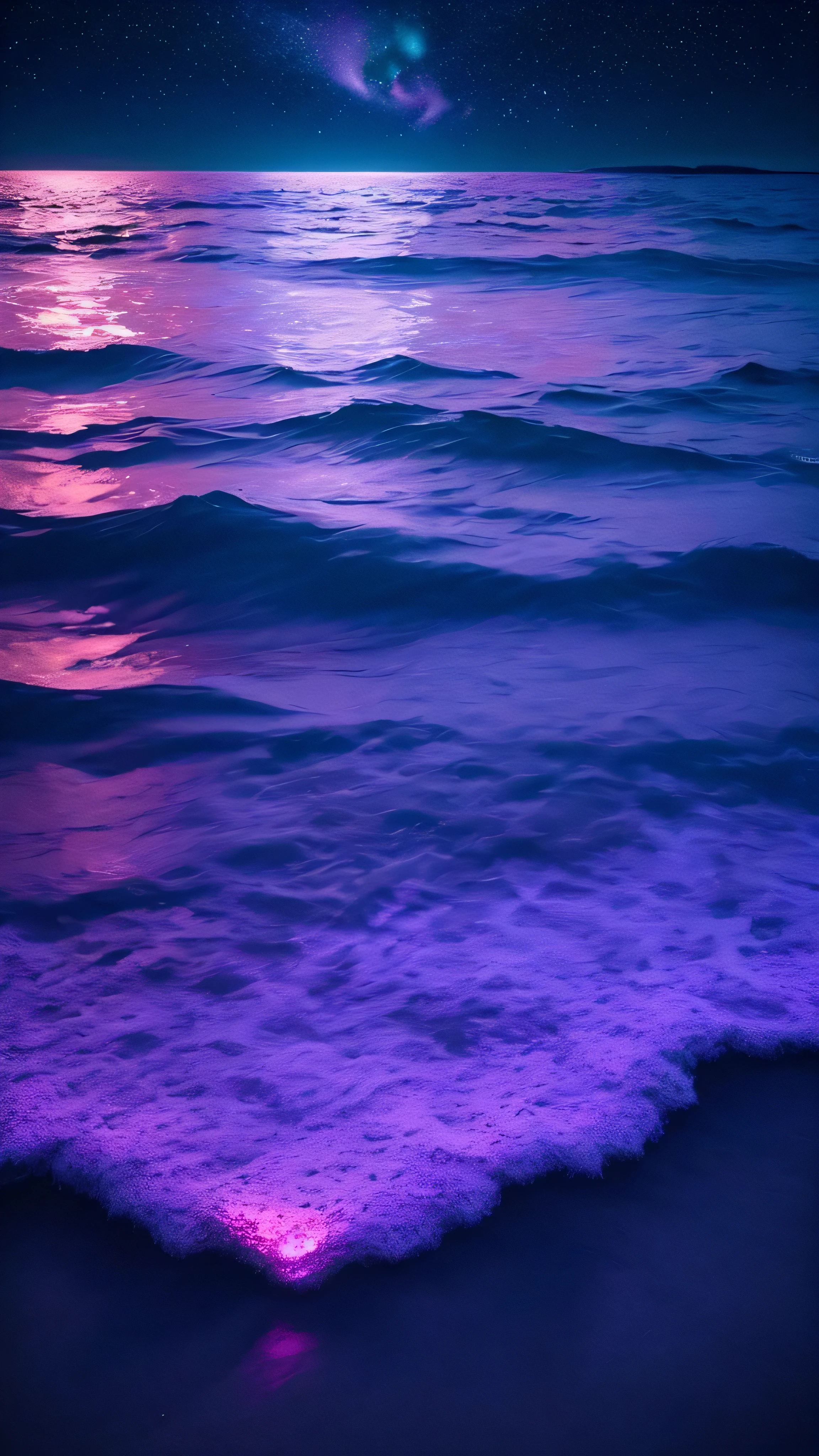 bioluminescent stars in the sky, pink half moon, touquois sky, soft cotton clouds, tourqouis ocean waves, shiny, purple water, galaxy, complementing lighting