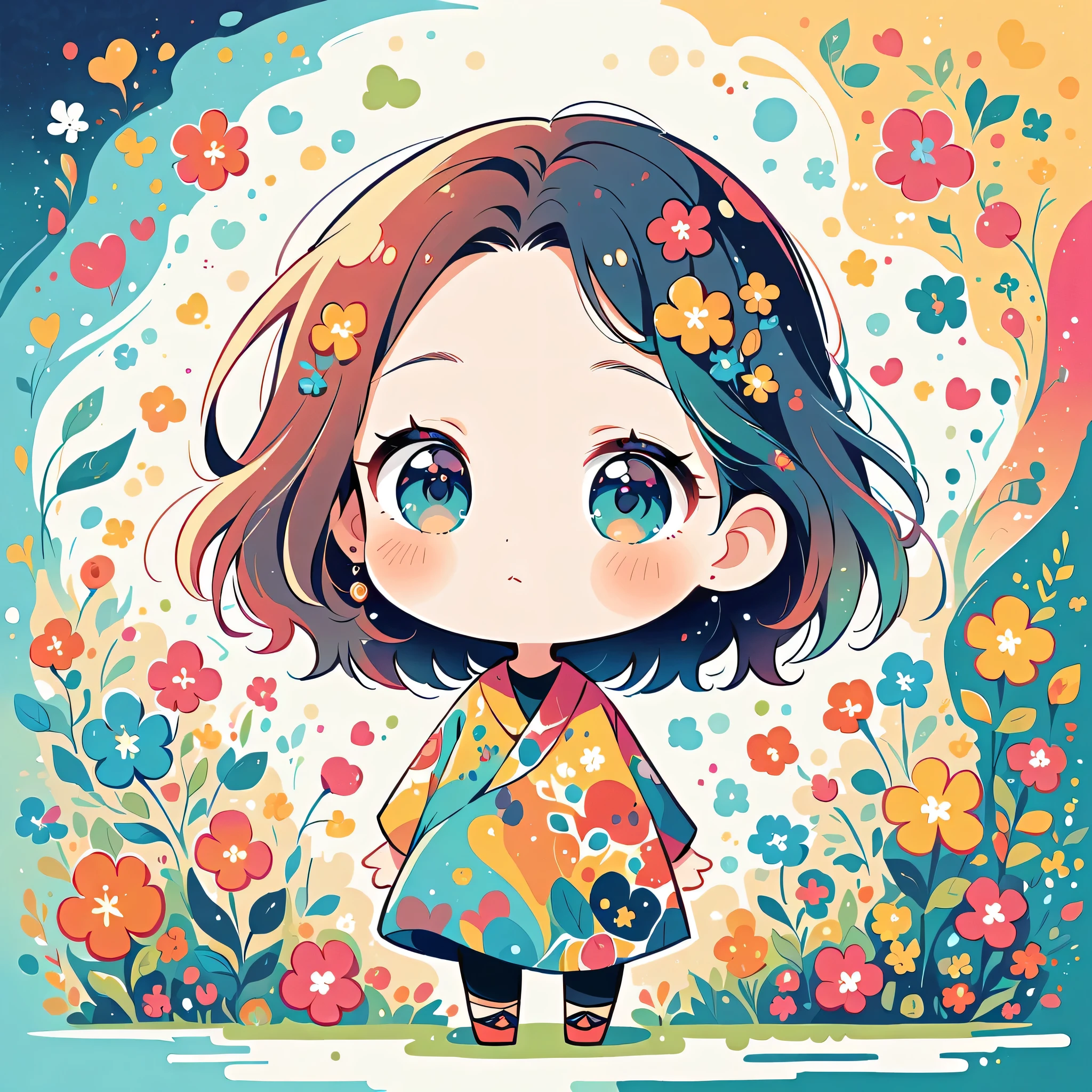 Watase Seizo style, Standing in front of a high wall,Simple Line Initialism,Abstract art, (((The most beautiful girl))), (((chibi))), colorful flowers, Cute animals in the forest