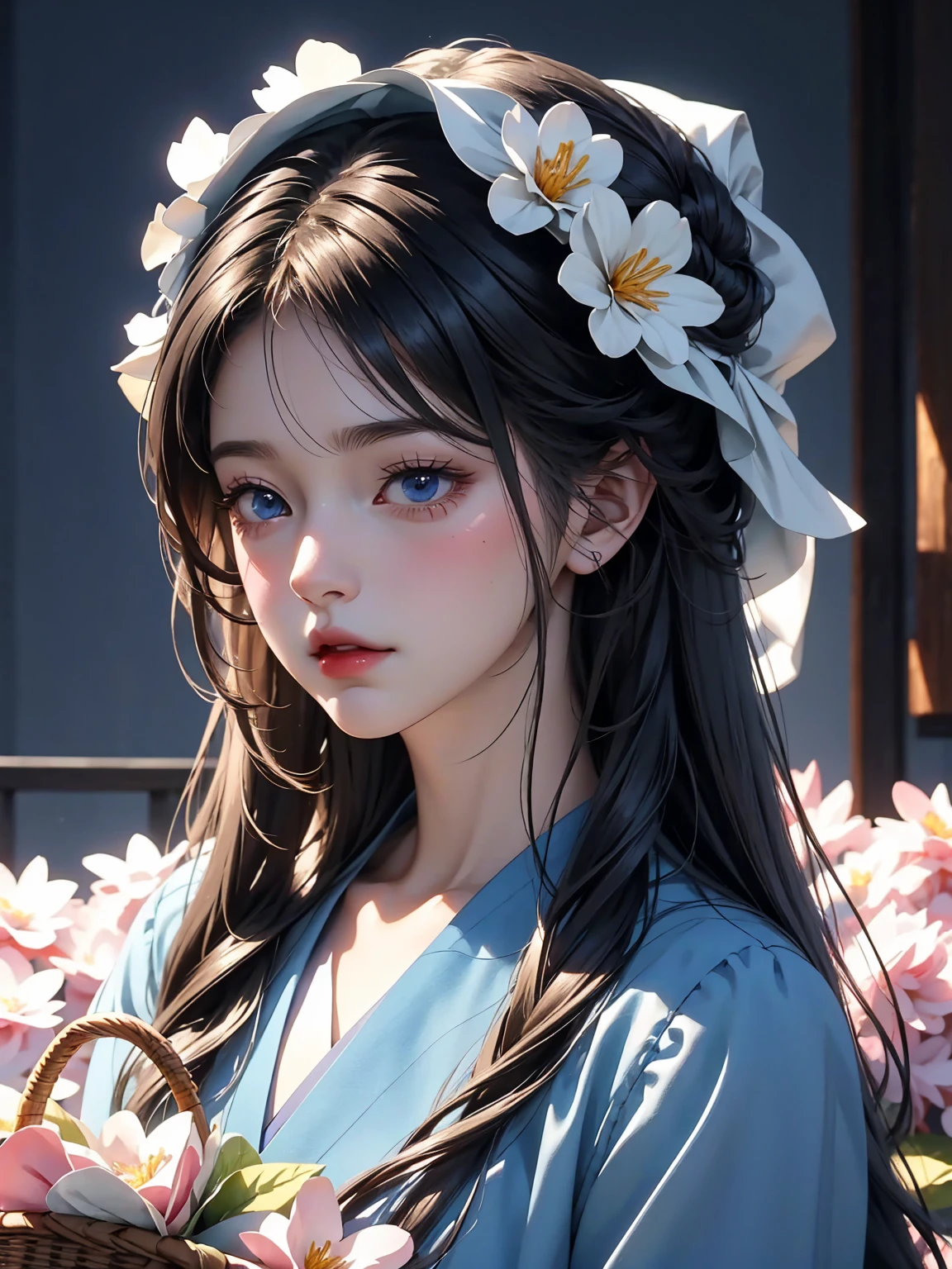 There was a girl with a basket of flowers on her head,Gorgeous and fashionable dark blue clothes, Realistic anime 3D style, Realistic animation girl render, 3D animation realistic, Anime styled 3d, Rendering a cute 3D anime girl, Realistic animation, surreal anime, Anime realism style, Anime style. 16K