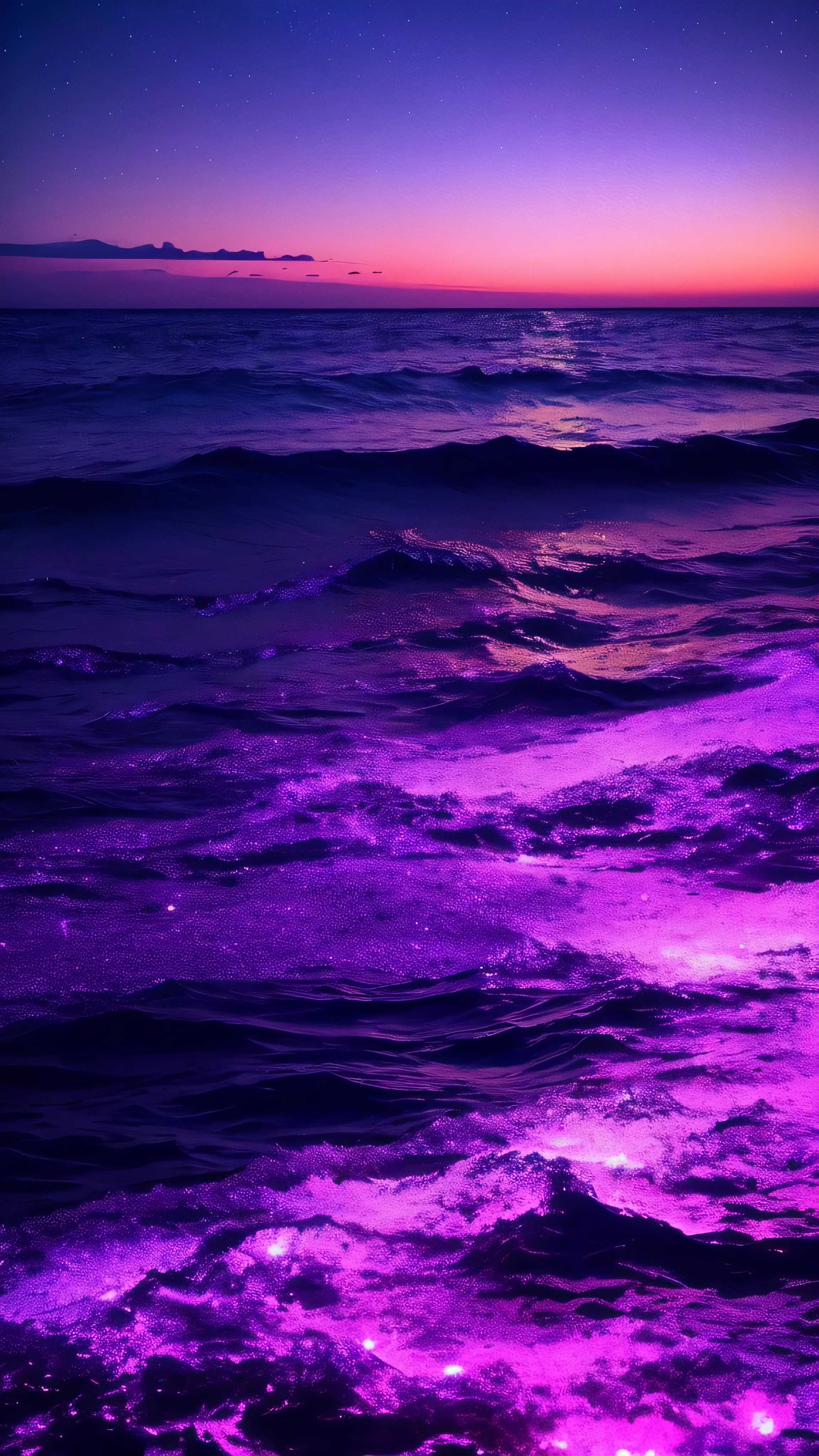 bioluminescent stars in the sky, pink half moon, touquois sky, soft cotton clouds, tourqouis ocean waves, shiny, purple water, galaxy, complementing lighting