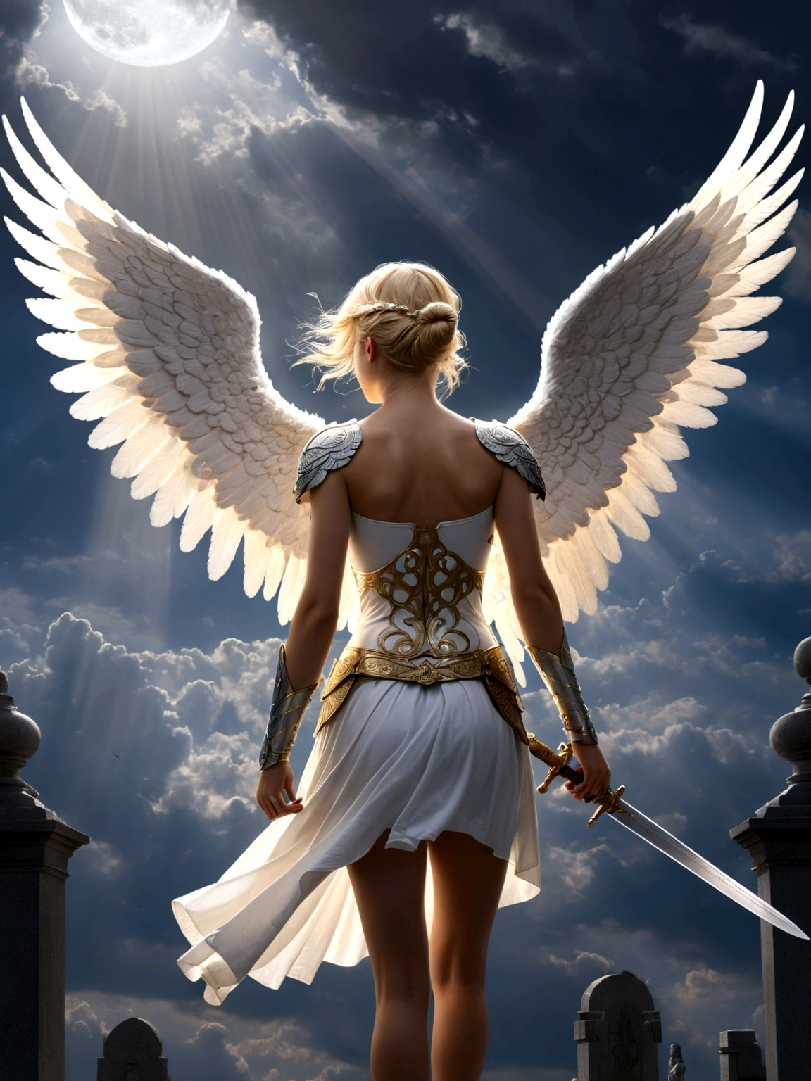 a model shot (taken from the rear: 1.5), 16K, ultra detailed, masterpiece, best quality, (extremely detailed), arafed, dnd art, portrait, full body, aasimar, female, (Masterpiece 1.3, intense details), female, paladin, holy warrior, spread large feathered wings, ((wings growing from the back of the angel: 1.5)), majestic wings, white angelic wings spread (Masterpiece, intense details: 1.5), moon light, moon, stars, clouds, holy symbol, armed with sword, short blond hair, dark fantasy cemetery background, anatomically correct (Masterpiece 1.3, intense details), angel_wings, determined face, god rays, cinematic lighting, glowing light, silhouette, from outside, photorealism, panoramic view (Masterpiece 1.3, intense details) , Wide-Angle, Ultra-Wide Angle, 16k, highres, best quality, high details, armored dress, AngelStyle, Cinematic Hollywood Film style