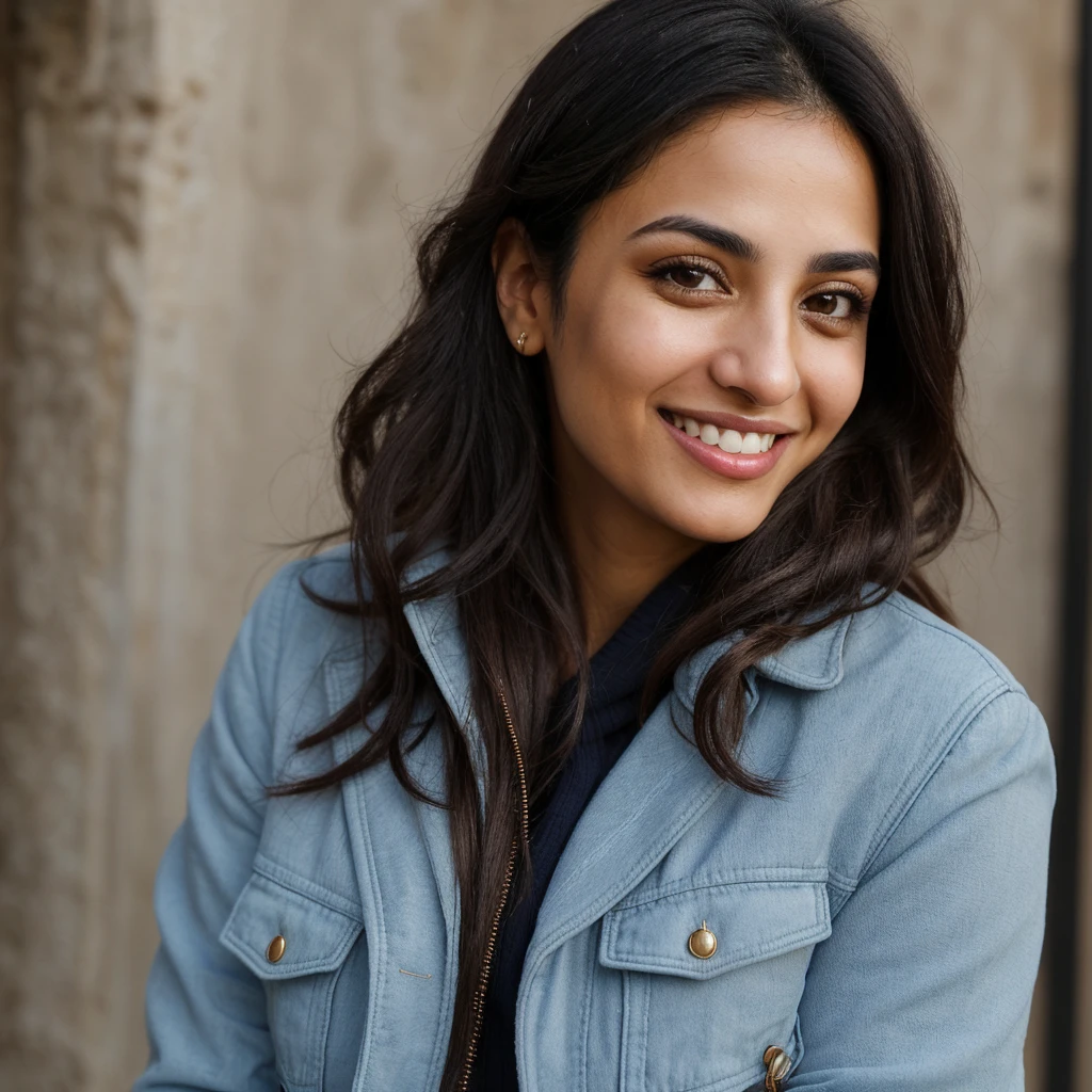 one cute women, 32YO, Arab, Jordanian, cute face, realistic light brown eyes, blue jacket, black hair, cute smile, skinny face, white realistic teethes, big eyes, long hair, no hands