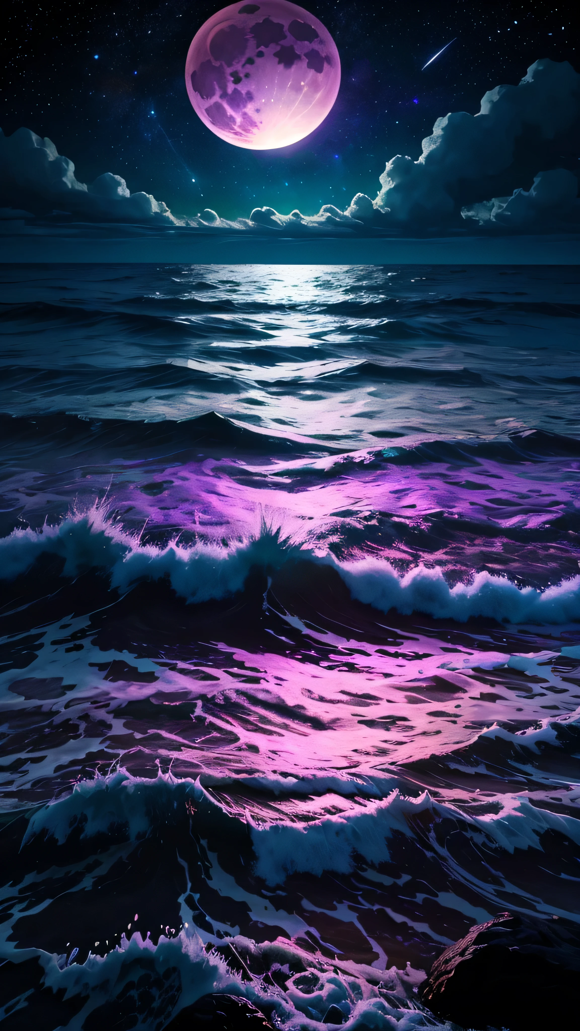 bioluminescent stars in the sky, pink half moon, touquois sky, soft cotton clouds, tourqouis ocean waves, shiny, purple water, galaxy, complementing lighting
