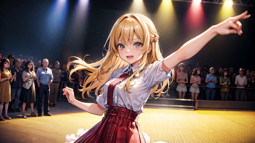 An anime-style illustration featuring a female character dancing to Bluegrass music. The character has long, flowing hair and is wearing a traditional bluegrass outfit with a plaid shirt, denim skirt, and cowboy boots. She is energetically dancing with a joyful expression. The background is a lively outdoor scene with a wooden stage, colorful banners, and a cheering crowd, capturing the energetic spirit of a bluegrass festival. The scene is vibrant and colorful, with detailed shading and gradients to add depth, and the character's eyes and facial expressions are emphasized to convey emotion.