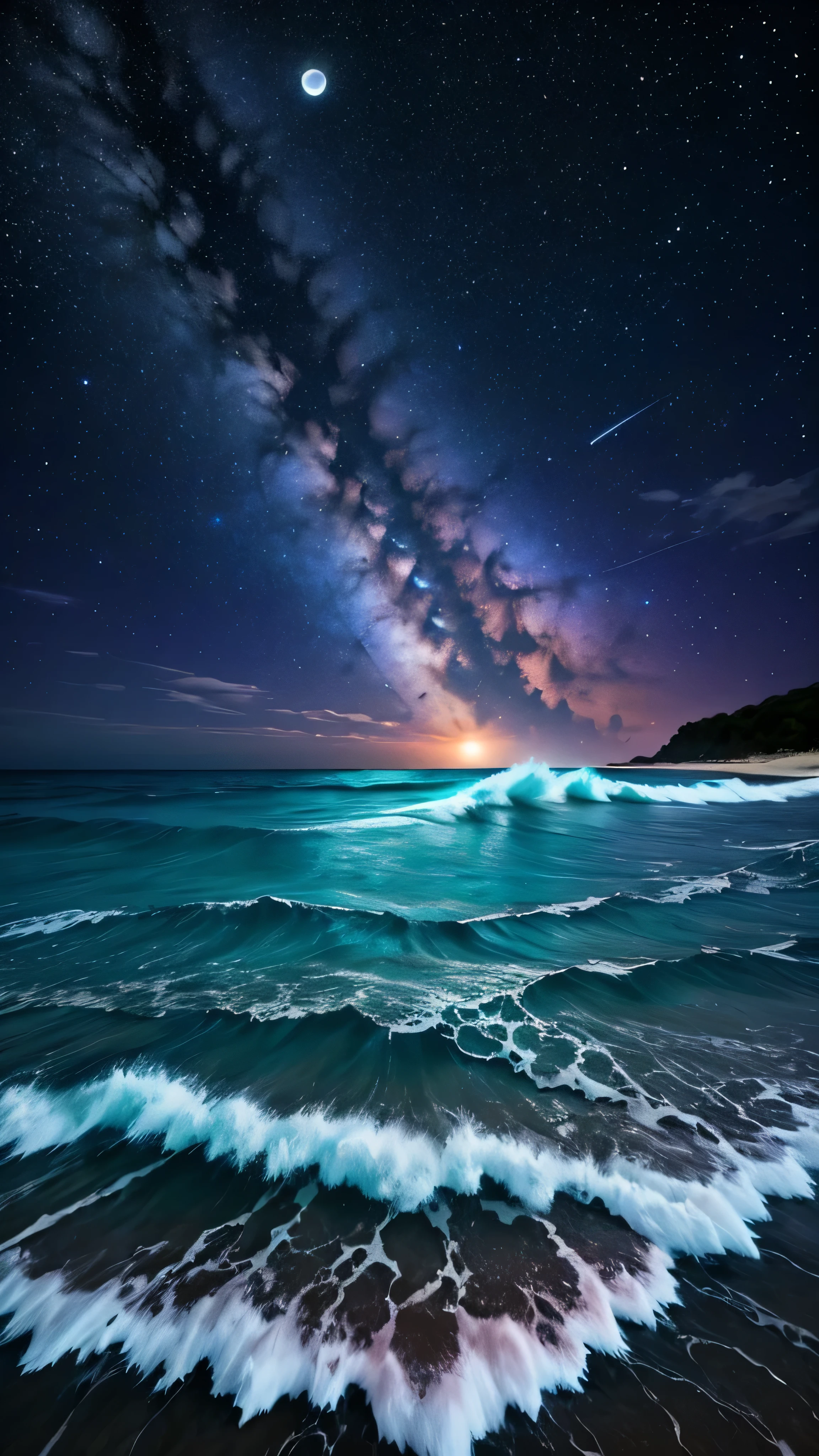 bioluminescent stars in the sky, pink half moon, touquois sky, soft cotton clouds, tourqouis ocean waves, shiny, purple water, galaxy, complementing lighting