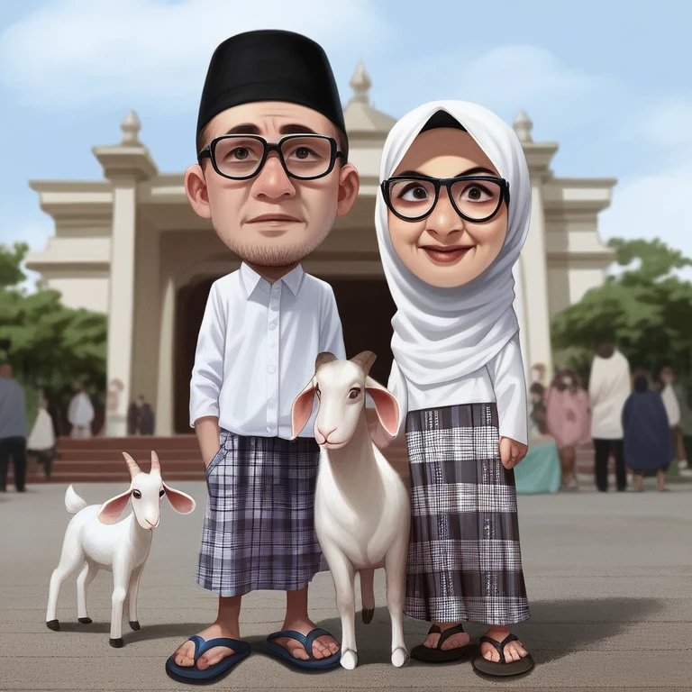 Real realistic 4D caricature photo, big head, full body, photo of a couple with Asian faces, adult male, 50 years old, thin body,clean face, clear glasses, 1wearing a black skullcap,, wearing a white Koko Muslim shirt, flannel patterned sarong, flip-flops,shoes, adult woman, 40 years old, wearing the hijab, wearing a white Muslim robe, standing in a pose facing the front while leading a goat , with the front yard of the mosque in the background.