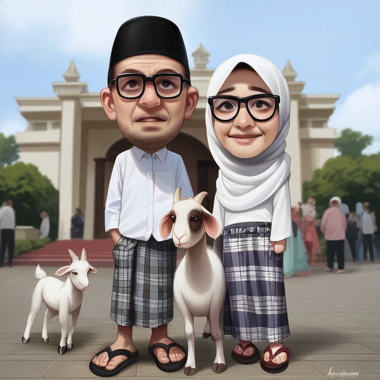 Real realistic 4D caricature photo, big head, full body, photo of a couple with Asian faces, adult male, 50 years old, thin body,clean face, clear glasses, 1wearing a black skullcap,, wearing a white Koko Muslim shirt, flannel patterned sarong, flip-flops,shoes, adult woman, 40 years old, wearing the hijab, wearing a white Muslim robe, standing in a pose facing the front while leading a goat , with the front yard of the mosque in the background.