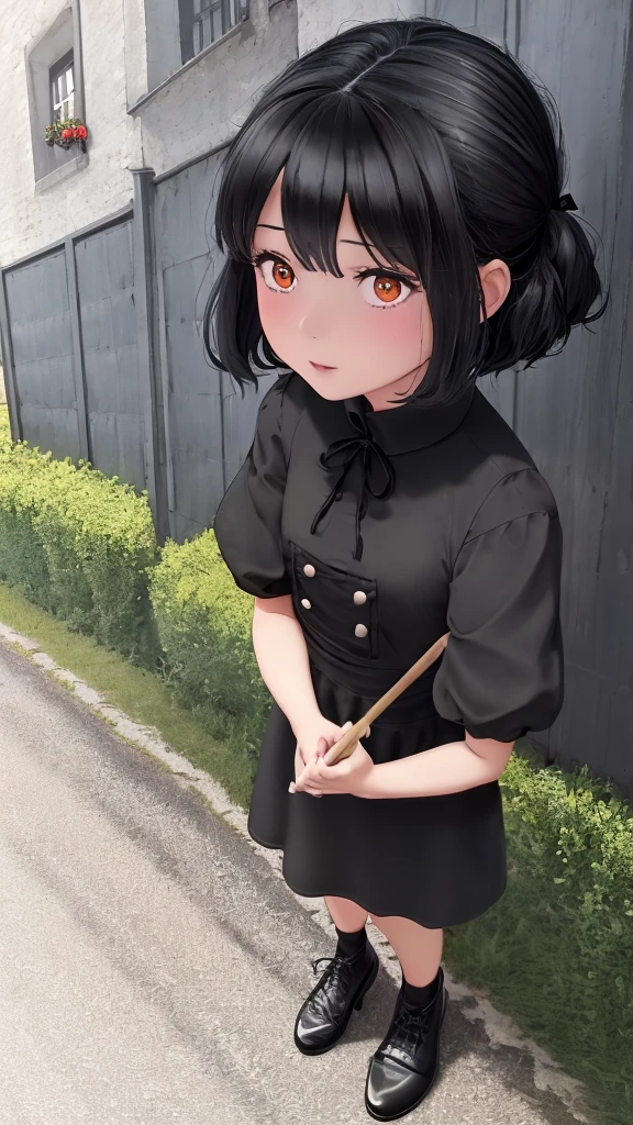Ghibli-style animation. The Witch's Delivery Service. In the streets of Sweden. A girl. A black dress. Black hair. Short cut. A big red ribbon on her head. Cute face. Cute. High quality. 4K quality.