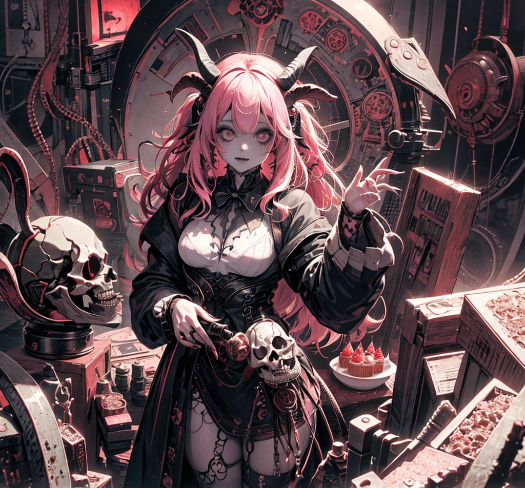 official art, unity 8k wallpaper, ultra detailed, beautiful and aesthetic, High quality, beautiful, masterpiece, best quality, (zentangle, mandala, tangle, entangle:0.6), flat color, limited palette, low contrast, a cute girl serving cake to demons, pink, black, bright pastel colors, kawaii, (horror), eerie, rabbit skull, goat skull, in hell, creepy, demons, claws, best lighting