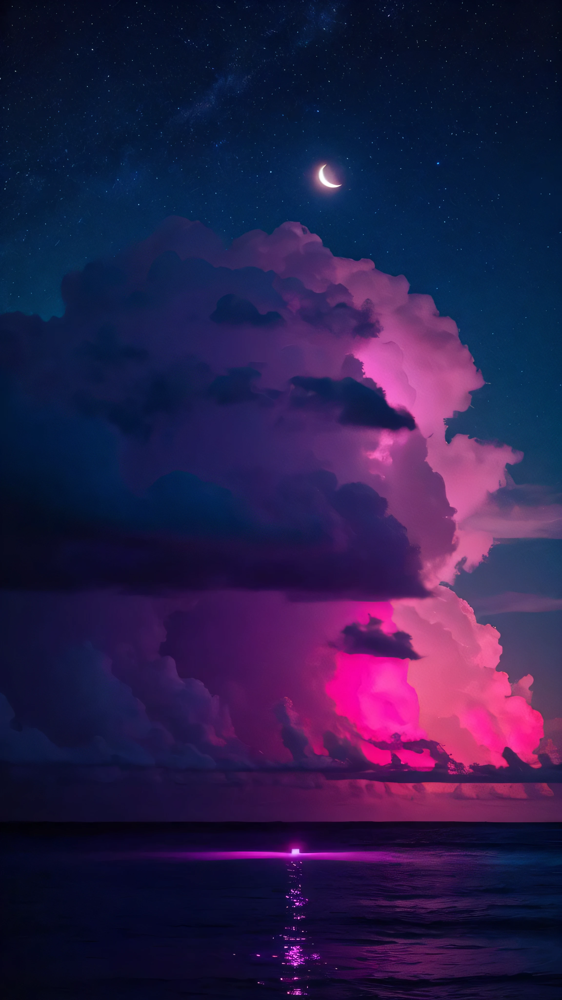 bioluminescent stars in the sky, pink half moon, touquois sky, soft cotton clouds, tourqouis ocean waves, shiny, purple water, galaxy, complementing lighting