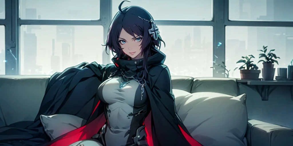 MC, ahoge, (long hari, purple hair:1.3), hair ornament, dark-blue eyes, anatomically correct, heavy breathing, huge breasts, breast press, solo, solo focus, masterpiece, best quality, 1girl, solo, grey hair, bodysuit, official bodysuit, cape, (hood:1.3), (detailed body, detailed face:1.5), (horizon:1.3), a woman in a black lingerie sitting on a couch in a room with a window and potted plants, transgressive art, cyberpunk art, Fan Qi, anime art, hollow eyes, bright pupils, dark-blue eyes, looking at viewer. glowing eyes heavy breathing, seductive smile, lips,