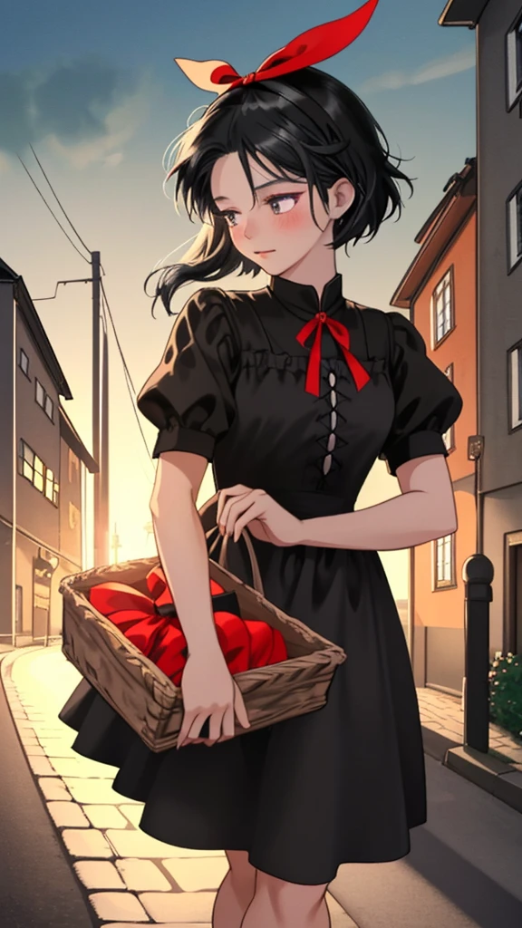 Ghibli-style animation. The Witch's Delivery Service. In the streets of Sweden. A girl. A black dress. Black hair. Short cut. A big red ribbon on her head. Cute face. Cute. High quality. 4K quality.