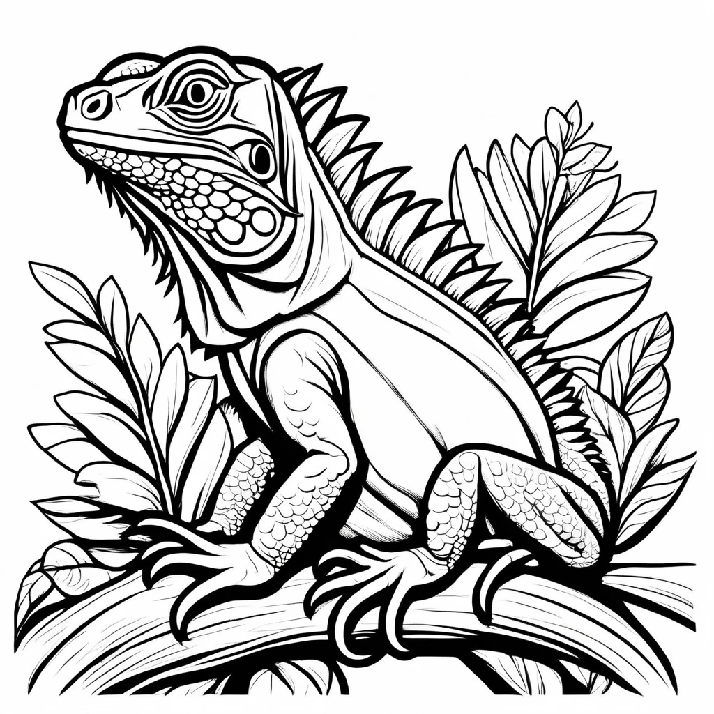 A cute Iguanas on the tree, cartoon, Coloring Book, ColoringBookAF,