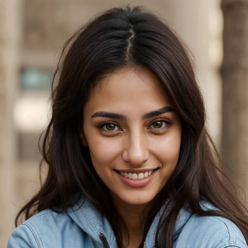 one cute women, 32YO, Arab, Jordanian, cute face, realistic light brown eyes, blue jacket, black hair, cute smile, skinny face, white realistic teethes, big eyes, long hair, no hands