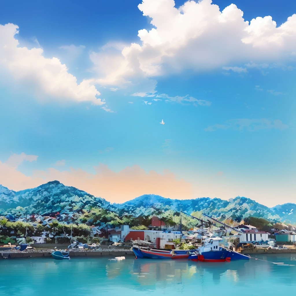 Boat anchored in the water near the mountains and blue sky, Okinawa Japan, Abel Tasman, beautiful iwakura, Fishing village, A vibrant scene, japan shonan enoshima, Fishing village, Mixed Art, Ehime, Marika Favre, sasai ukon masanao, port, port in background, Beautiful sunny day, port