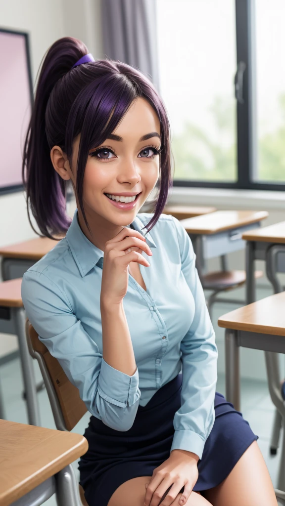 photorealistic, (4k), depth of field, (Masterpiece), (realistic skin texture), extremely detailed, intricate, hyper detailed, professional photography, bokeh, high resolution, sharp detail, best quality, girl, purple hair, ponytail, purple eyes, blue , skirt, nice hands, perfect hands, crossing ankles, dynamic pose, classroom, school, happy, smile, sitting behind a school table,