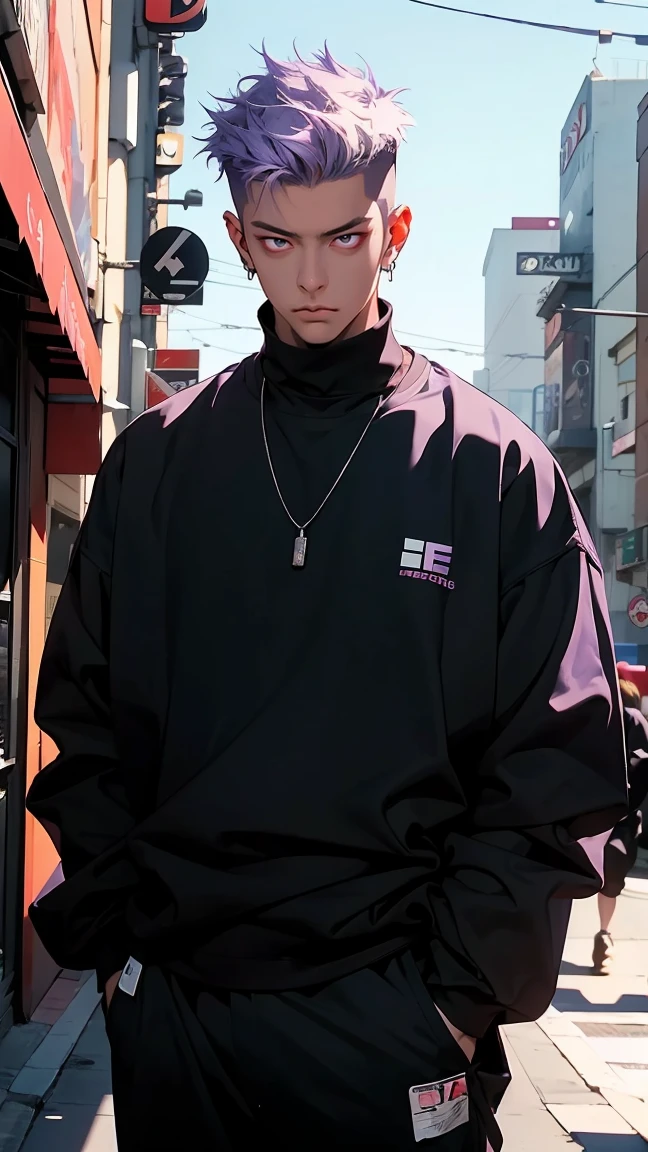 highest quality, 8K, high resolution image, anime style Jujutsu Kaisen, (Cell of Empireo/Seodoa Riddle), detailed strokes, bored look , blurred, purple light reflecting from it, (close angle), 1 man, young, male, model, hand in pocket, cool guy, multicolored Background with various geometric shapes, around stickers, muscular, light purple hair, spiky hair ,swollen chest, Red Eyes, withe shirt, black sweater, sweatpants,
Background: big City, Streets, Park, People, blue sky, Cars, Bike