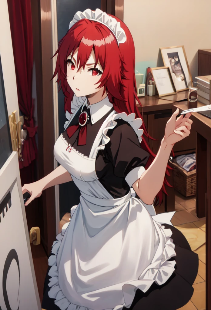 best quality, red hair,red eyes,masterpiece, highres, solo, (maid:1.40), (long maid dress:1.15), anime_style, 14