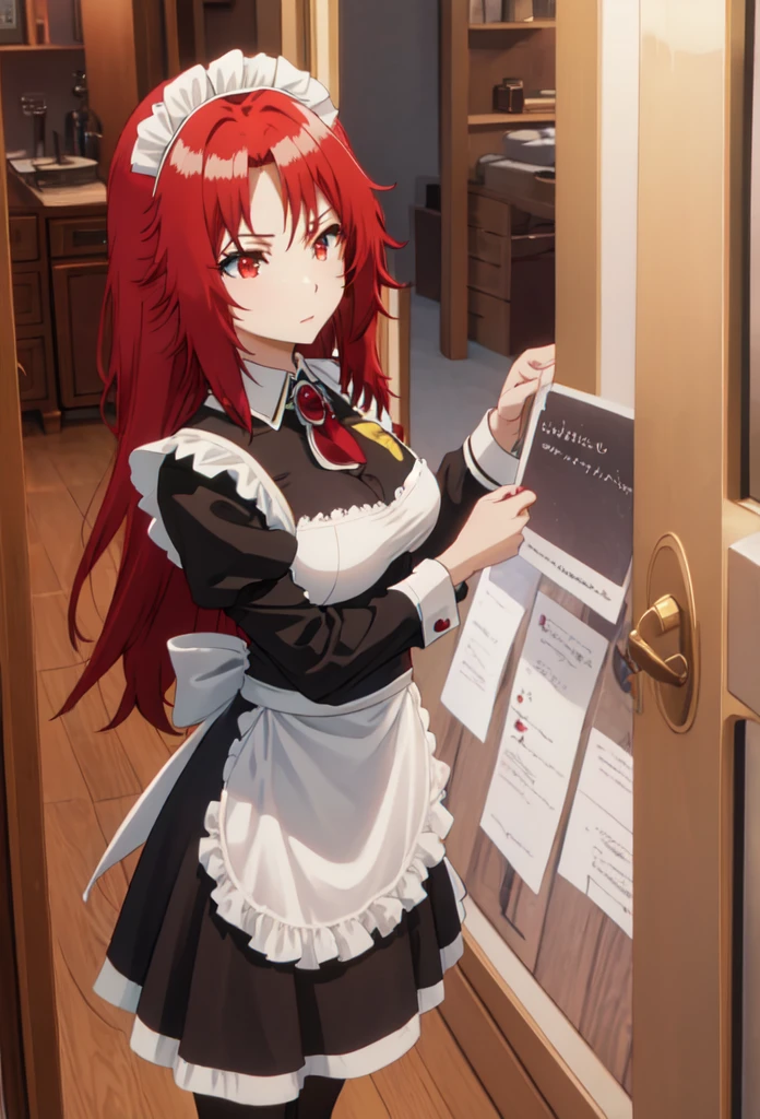 best quality, red hair,red eyes,masterpiece, highres, solo, (maid:1.40), (long maid dress:1.15), anime_style, 14