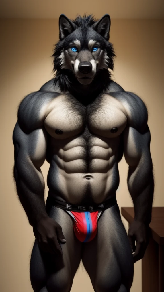Spicy hairy wolf alone serious smile wearing a sexy jockstrap underwear and no shirt looking at the camera and showing an arm and sexy blue eyes muscular man and a gay pose delicious black adult 28 years old adduct sex HDR 32k