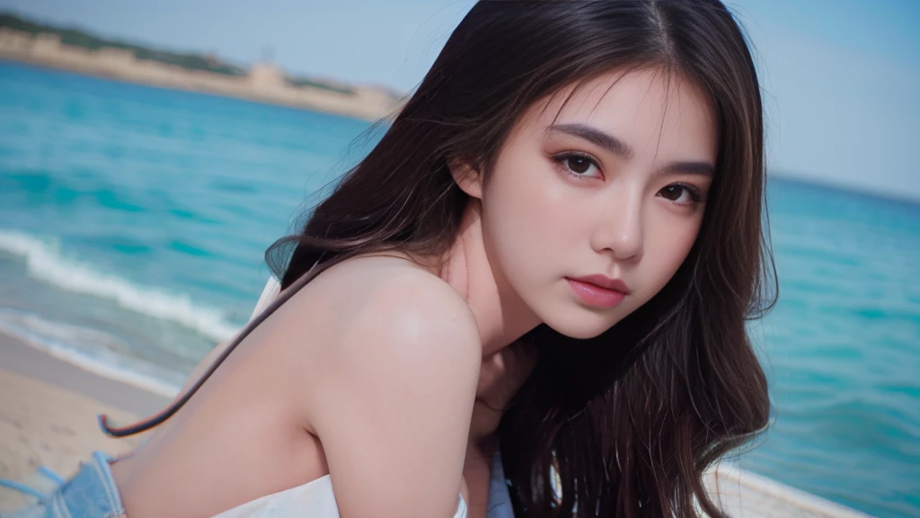 (8K, original photo, highest quality, masterpiece: 1.45), (actual, lively: 1.37),1 beautiful girl、 Japanese、asian beauty、super beautiful、beautiful skin、thin、(full body)、(surreal)、(High resolution)、(8K)、(very detailed)、(Super detailed)、big eyes、brown eyes、long eyelashes、detailed face、gloss lip,bright lighting、professional lighting、looking at the camera、serious expression、look straight ahead、long hair、brown hair、sea landscape、Nogizaka Idol、actress、20-year-old、big breasts、big breasts、wet skin、 naked、baby face、Moisturized and realistic skin texture、moist lips、natural shadows, (arms up), (((nsfw))), naked