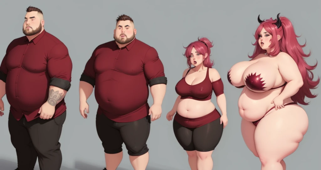 Fat Man, sexy, large breasts, woman, succubus, gender transformation, full body, simple background,