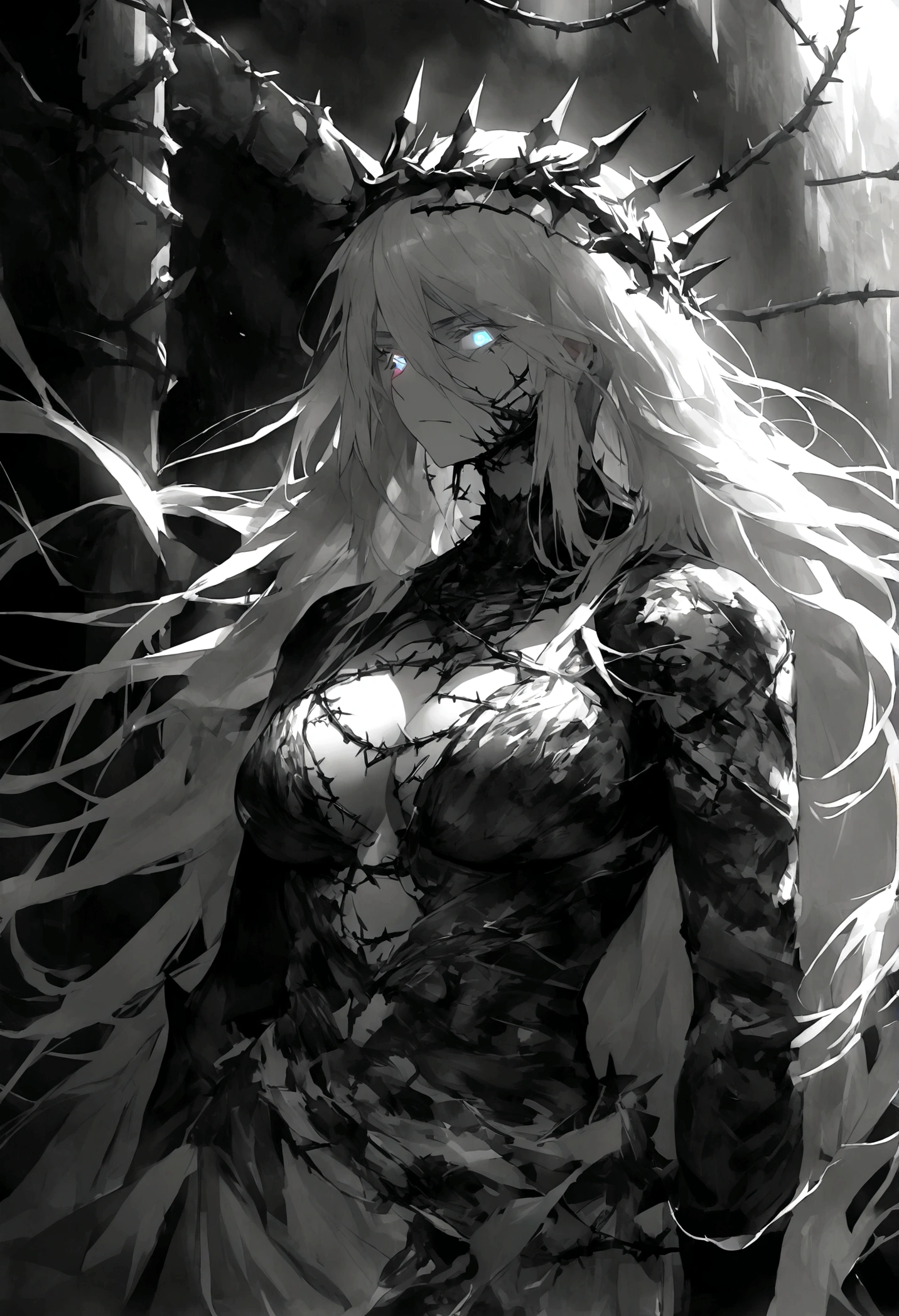 Barbed wire through the body,Long hair,Glowing eyes,Black and white,Crown of thorns,grace