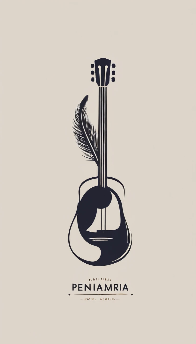 A minimal, modern, simple, cinematic logotype for the brand “Penamemoria". The logotype must be a simple, magical feather and a boy playing acoustic guitar. The logo must convey a sense of music, stories and dreams. Logo design impressed on a book cover. Minimalistic logo