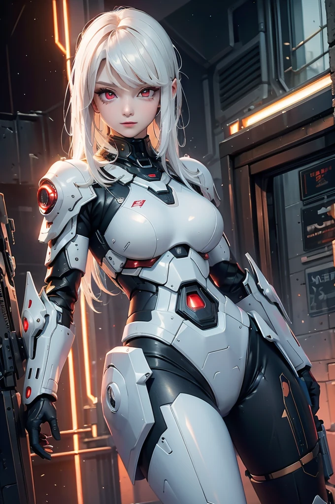 ((Cyberpunk women images))，Dynamic pose、(masterpiece:1.4, highest quality, Dutch Angle)(One girl, alone)（White hair that changes with the light、Smooth and straight hair、WHITE hair fluttering in the wind）、（beautiful, Glowing Skin、Cheek gloss highlighter、Sexy and very beautiful and adorable face、世界で最もbeautiful顔、big, Glowing red eyes）、（Cute 25 year old girl、Ample breasts、Narrow waist、Delicate shoulders、Perfect figure）（Overall dark、Abandoned futuristic city、End of the Century World、Traces of war、Caves、ruins）(Futuristic combat suit、Battle Armor、Highly decorated battle suit)（Close-up images、Close-up image）