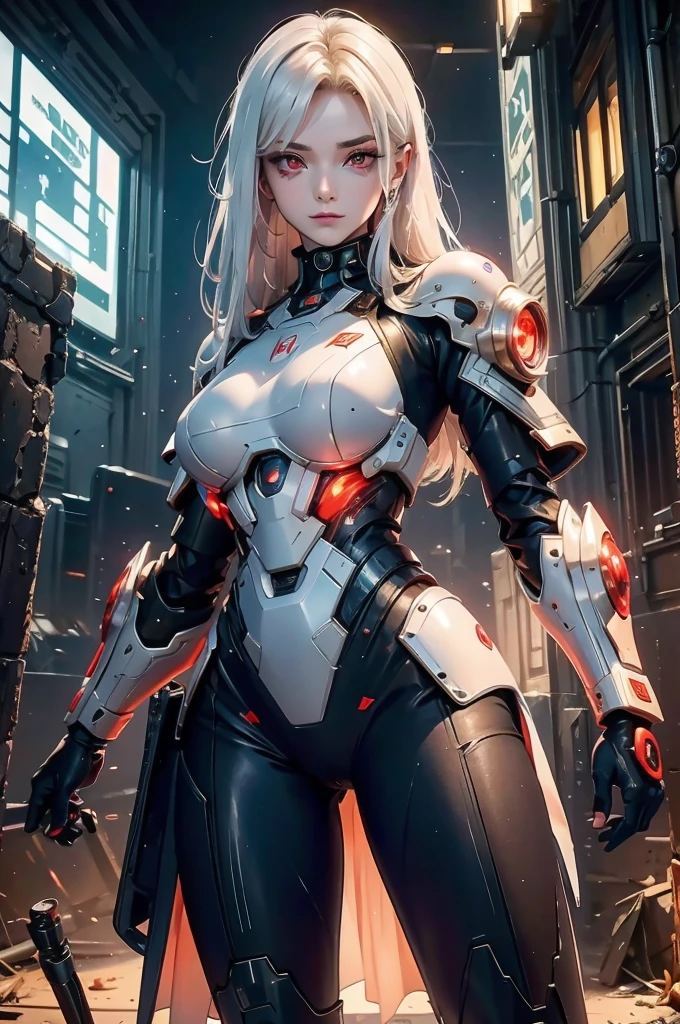 ((Cyberpunk women images))，Dynamic pose、(masterpiece:1.4, highest quality, Dutch Angle)(One girl, alone)（White hair that changes with the light、Smooth and straight hair、WHITE hair fluttering in the wind）、（beautiful, Glowing Skin、Cheek gloss highlighter、Sexy and very beautiful and adorable face、世界で最もbeautiful顔、big, Glowing red eyes）、（Cute 25 year old girl、Ample breasts、Narrow waist、Delicate shoulders、Perfect figure）（Overall dark、Abandoned futuristic city、End of the Century World、Traces of war、Caves、ruins）(Futuristic combat suit、Battle Armor、Highly decorated battle suit)（Close-up images、Close-up image）