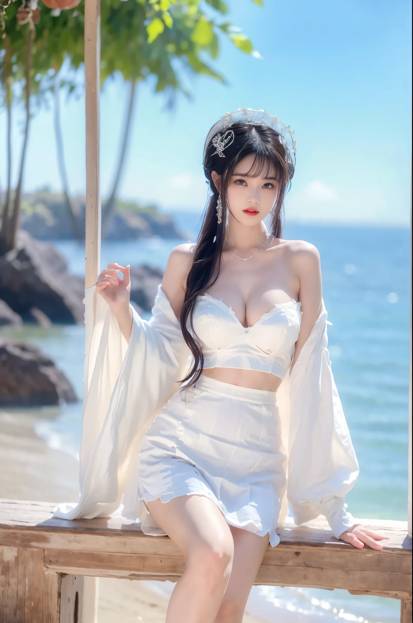 BAINV, Beauty, beautiful女人，Have a perfect body：1.4，Layered Hairstyle，Big breasts, Visible cleavage，Bare shoulders, Highly detailed face and skin texture，Double eyelids，Skin Whitening，Long hair，Whitening long legs，Standing by the sea, Fashion girl, Red lips, Sweet maiden, beautiful妆容, detail, lifelike, Very detailed, amazing, beautiful, Young and energetic, high quality，High Definition, rich and colorful，Exquisite, Smooth skin, The skirt is short, Lift the skirt with your hands, Elegant and charming posture, Official Art, Extremely detailed, Movie atmosphere, Soft colors, Natural skin texture,