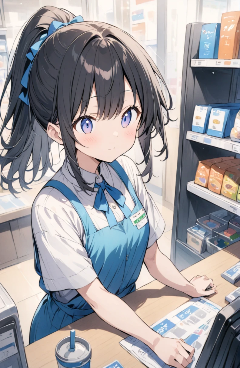 (masterpiece:1.2),(anime),Convenience store clerk、girl、cute、Black Hair、ponytail、Cashier、Japanese