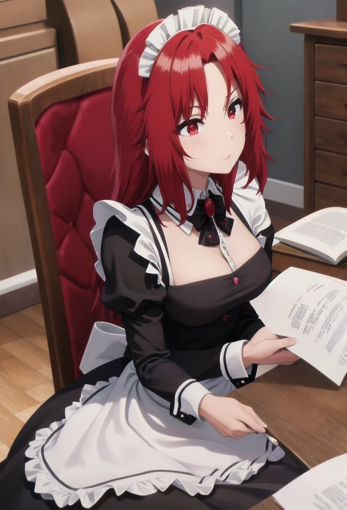 best quality, red hair,red eyes,masterpiece, highres, solo, (maid:1.40), (long maid dress:1.15), anime_style, 14
