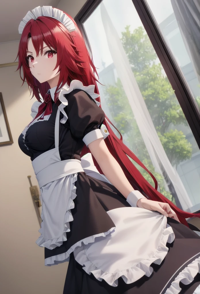 best quality, red hair,red eyes,masterpiece, highres, solo, (maid:1.40), (long maid dress:1.15), anime_style, 14
