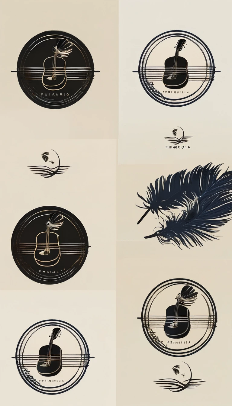 A minimal, modern, simple, cinematic logotype for the brand “Penamemoria". The logotype must be a boy playing acoustic guitar with a head of a feather. The logo must convey a sense of music, stories and dreams Minimalistic logo
