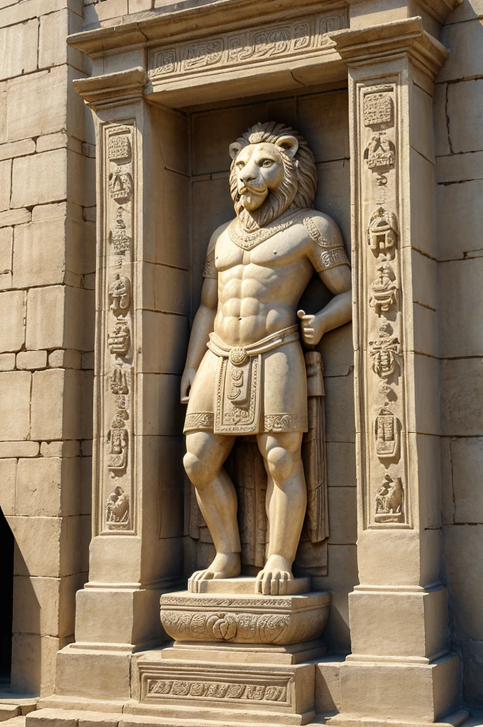 A temple wall having embossed carving of artistic lions 