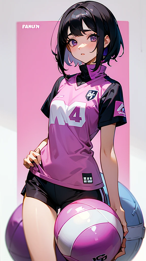 a girl with gray eyes, short black hair, wearing a pink football shirt and a purple cloth around her neck