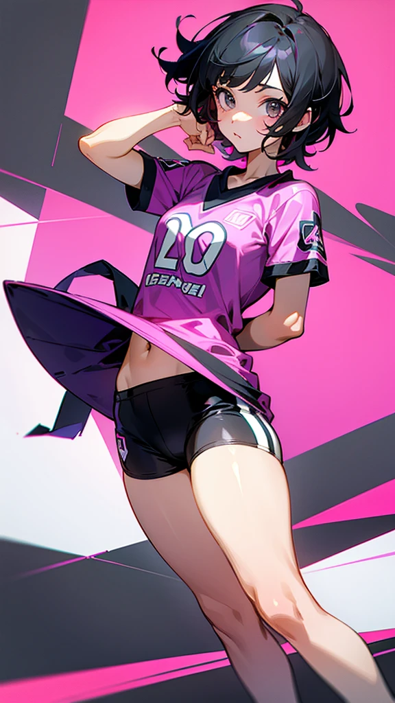 a girl with gray eyes, short black hair, wearing a pink football shirt and a purple cloth around her neck