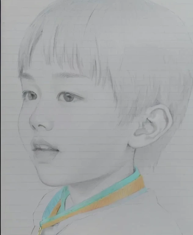 A picture of a boy with a medal around his neck, Inspired by Yanjun Chen, Inspired by Huang Gongwang, Inspired by Yonghao Han, Detailed face of asian boy, Inspired by Russell Dongjun Lu, inspired by Matsumura Goshun, Colored pencil sketch, Yanjun Chent, Inspired by Jongsuk Lee, 3 / 4 ViewsPortrait