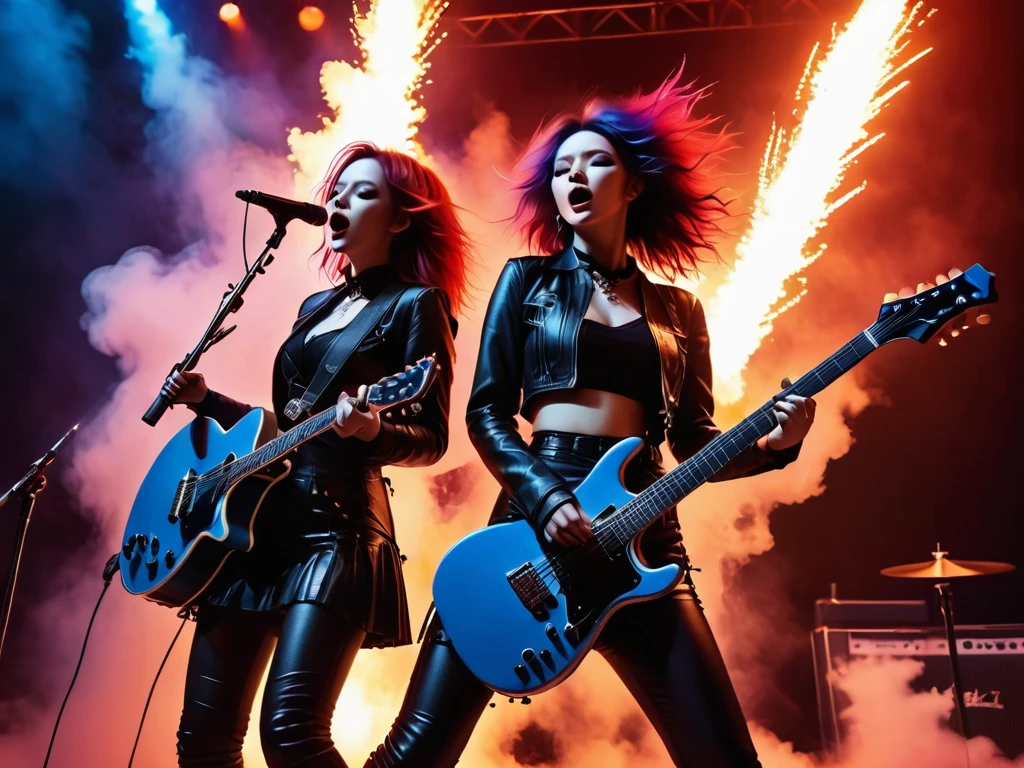 (Best quality,4K,8K,a high resolution,masterpiece:1.2),Super detailed,(valid,photovalid,photo-valid:1.37),Rockstar, Gothic rock, Female rock band "Besheniki", 3 adorable goth girls at the same time, gothic outfits (black and red colors), soloist and two guitarists ,Spacewalk,hysterical singing,Stage lighting,rebellious,glitch art,bright colors,energetic performance,Electric Atmosphere,Loud music,screaming fans,Huge speakers,Fiery explosion,dynamic poses,Smoke and fog effects,expressive face,rotating lights,Flash,dark background,Edgy style,wild hair,microphone stand,гитар sound distortion,Rock music,Celebrity,Electro guitar solo,huge concert stage,stand on stage,indulgent,Emotional intensity,Loud and heavy drumming,electric energy,Stage fireworks,Powerful vocal performance,The stadium is filled to capacity,thousands of enthusiastic fans, raging roaring crowd,Flash,Electric Atmosphere,sweaty and energetic performance,legendary figures,Acting,standing ovation