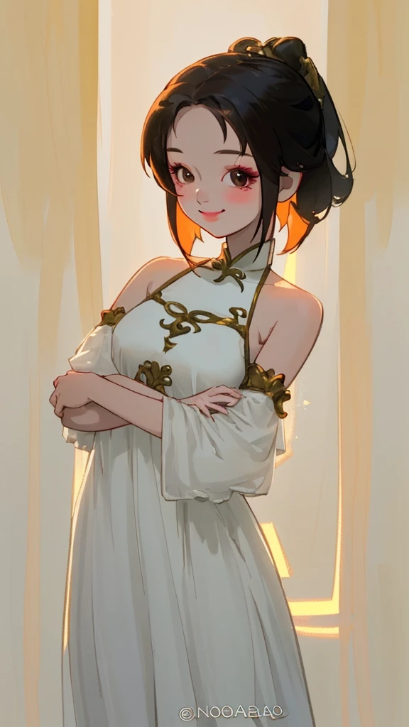 A Thai girl wears a Thai dress, revealing her shoulders, white and light, Nobla gives a sweet smile in her eyes.
