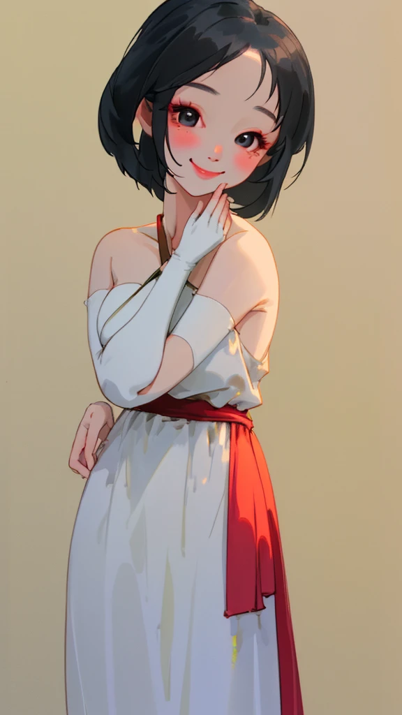 A Thai girl wears a Thai dress, revealing her shoulders, white and light, Nobla gives a sweet smile in her eyes.