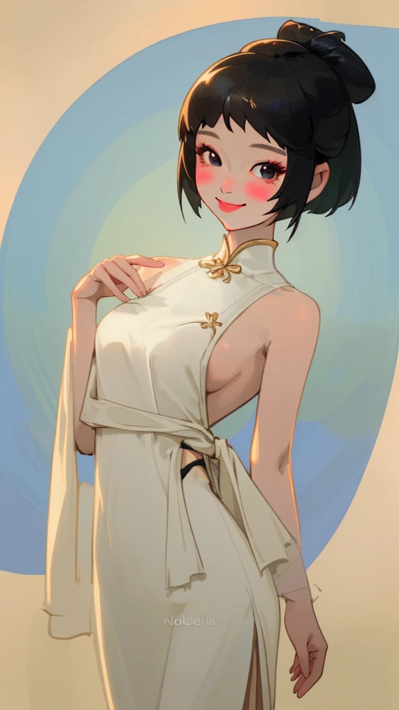 A Thai girl wears a Thai dress, revealing her shoulders, white and light, Nobla gives a sweet smile in her eyes.