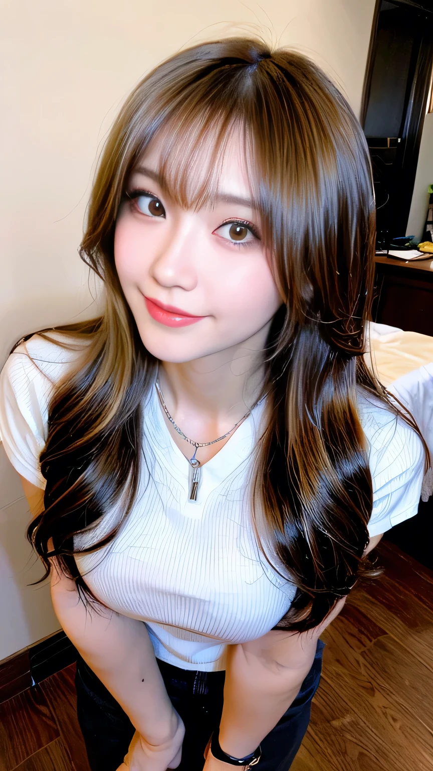 seed:4195271995,((Full Body Angle:1.1)),((highest quality, 8K, masterpiece: 1.3)), concentrated: 1.2,Front hair:1.3, Cute girl 1,Nipples erect、 Perfect beauty: 1.4,Colorful ribbed knit half-zip T-shirt、Shorts: 1.2,Randall Color、comics&Text Graphics、Black,1.1, Highly detailed face and skin textures, Fine grain, double eyelid, whitening skin, ,highest quality,Ultra-high resolution,you,1 girl,alone,_Shiny_skin,Iris,necklace,((Brown_length_Wavy_hair)),(lips)),eyelash,Front hair,deal with,compensate,Shiny,pore,skin texture,Large Breasts、smiling face、Front hair、The hair is wet、from below