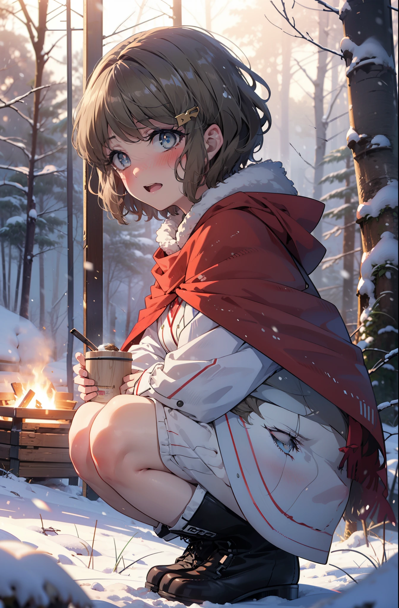 tomoekoga, Chie Koga, short hair, Brown Hair, blue eyes, hair band,smile,blush,White Breath,Mid-chest,
Open your mouth,snow,Ground bonfire, Outdoor, boots, snowing, From the side, wood, suitcase, Cape, Blurred, having meal, forest, White handbag, nature, Squat, Mouth closed, Cape, winter, Written boundary depth, Black shoes, red Cape break looking at viewer, Upper Body, whole body, break Outdoor, forest, nature, break (masterpiece:1.2), highest quality, High resolution, unity 8k wallpaper, (shape:0.8), (Beautiful and beautiful eyes:1.6), Highly detailed face, Perfect lighting, Highly detailed CG, (Perfect hands, Perfect Anatomy),