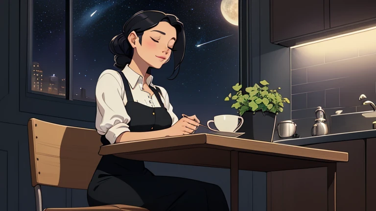 Late at night, a Beautiful woman in her 30s with black hair tied is sitting on the chair with her eyes closed in a stylish kitchen. Cozy wallpaper, Gwydz style artwork, LOFI girls, trending at cgstation, relaxed mood, nightcore, cozy, night, wide glass windows, starry sky, table, chair, fridge, sink, blouse, and she was the only one in the room. beautiful flower. Plants, 2D style animation, looking down.Well-proportioned face, Outside the window is a pitch black starry sky, purple wall, kitchen is dimly,