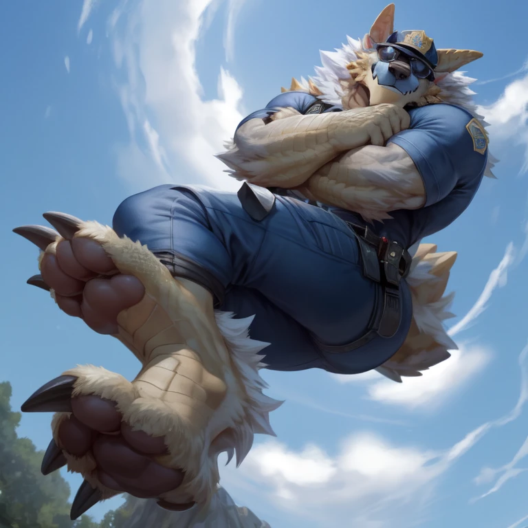 solo,anthro,zinogre,tail,full body,(dragon horns:1.2),
(by null-ghost,by raccoon21,masterpiece,high quality),
(police_uniform:1.3),police cap,
(sunglasses:1.2),crossed arms,
(low-angle view:1.3),(worm's-eye view:1.3),(((foot on camera))),pawpads,