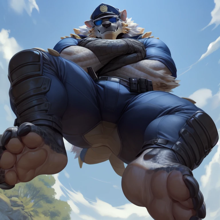 solo,anthro,zinogre,tail,full body,(dragon horns:1.2),
(by null-ghost,by raccoon21,masterpiece,high quality),
(police_uniform:1.3),police cap,
(sunglasses:1.2),crossed arms,
(low-angle view:1.3),(worm's-eye view:1.3),(((foot on camera))),pawpads,