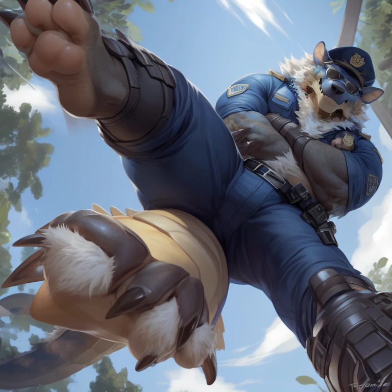 solo,anthro,zinogre,tail,full body,(dragon horns:1.2),
(by null-ghost,by raccoon21,masterpiece,high quality),
(police_uniform:1.3),police cap,
(sunglasses:1.2),crossed arms,
(low-angle view:1.3),(worm's-eye view:1.3),(((foot on camera))),pawpads,